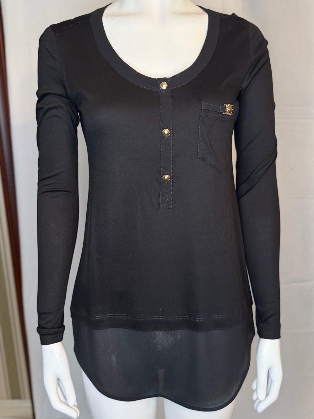 Versace Jeans Collection Black Long-Sleeve Henley Top with Gold Accent